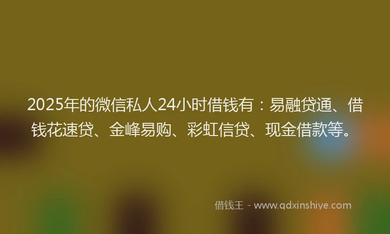 2025年的微信私人24小时借钱有：易融贷通、借钱花速贷、金峰易购、彩虹信贷、现金借款等。