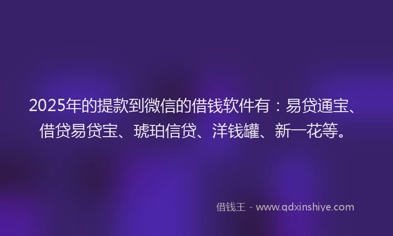 2025年的提款到微信的借钱软件有：易贷通宝、借贷易贷宝、琥珀信贷、洋钱罐、新一花等。