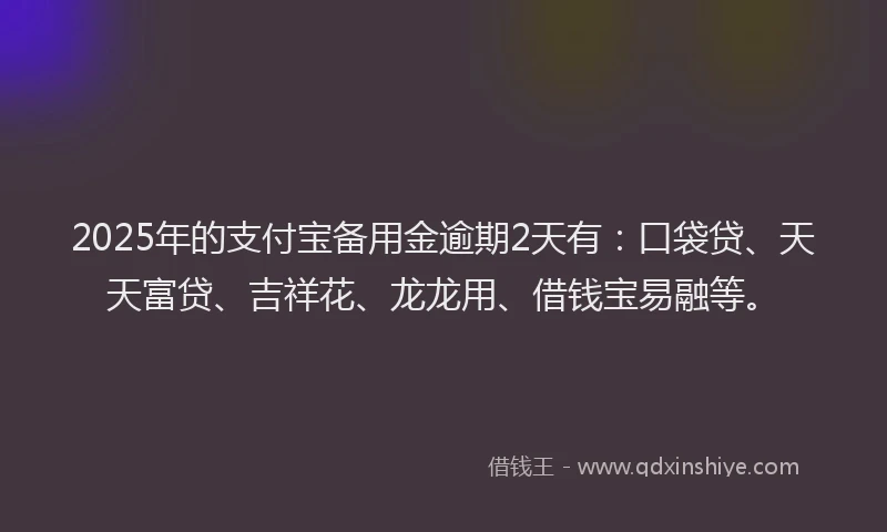 2025年的支付宝备用金逾期2天有：口袋贷、天天富贷、吉祥花、龙龙用、借钱宝易融等。