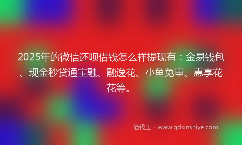 2025年的微信还呗借钱怎么样提现有：金易钱包、现金秒贷通宝融、融逸花、小鱼免审、惠享花花等。