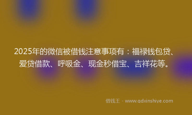 2025年的微信被借钱注意事项有：福禄钱包贷、爱贷借款、呼吸金、现金秒借宝、吉祥花等。
