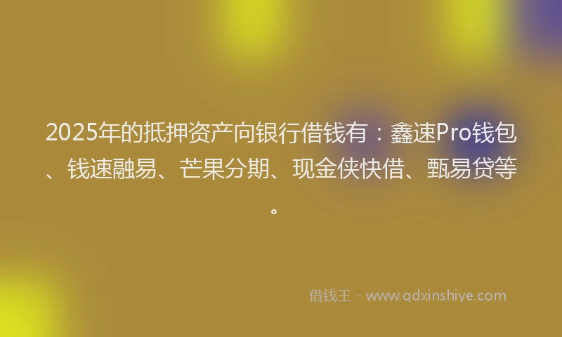 2025年的抵押资产向银行借钱有：鑫速Pro钱包、钱速融易、芒果分期、现金侠快借、甄易贷等。