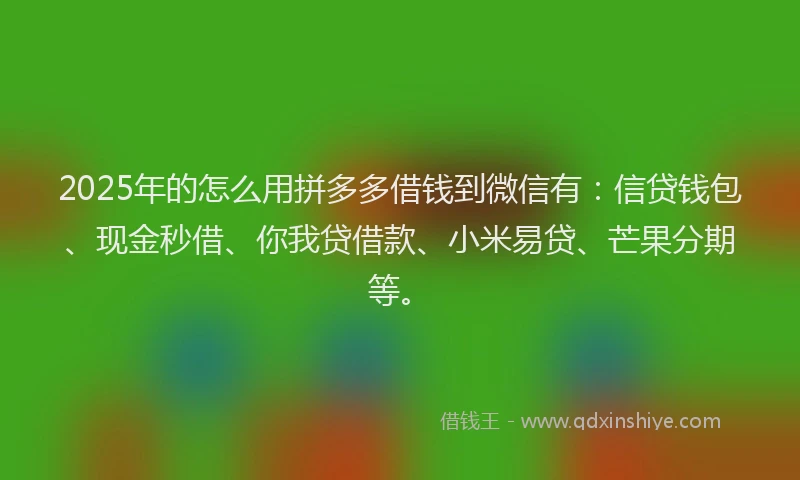 2025年的怎么用拼多多借钱到微信有：信贷钱包、现金秒借、你我贷借款、小米易贷、芒果分期等。