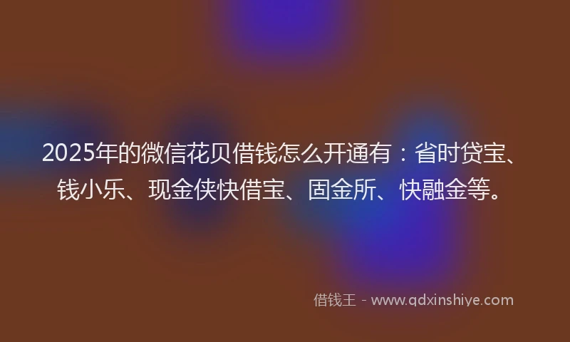 2025年的微信花贝借钱怎么开通有：省时贷宝、钱小乐、现金侠快借宝、固金所、快融金等。