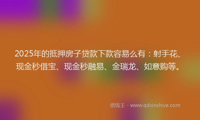 2025年的抵押房子贷款下款容易么有：射手花、现金秒借宝、现金秒融易、金瑞龙、如意购等。