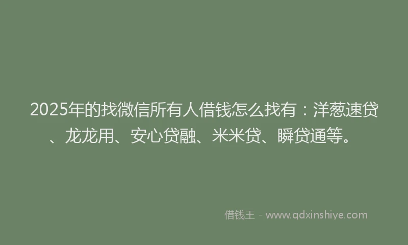 2025年的找微信所有人借钱怎么找有：洋葱速贷、龙龙用、安心贷融、米米贷、瞬贷通等。
