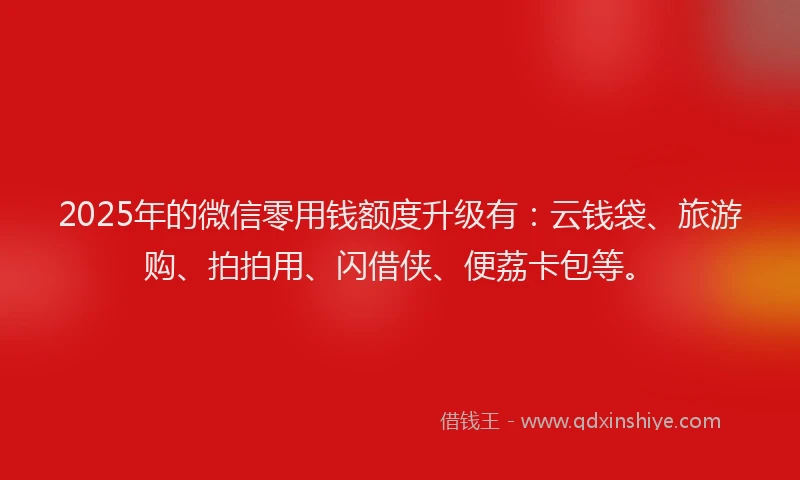 2025年的微信零用钱额度升级有：云钱袋、旅游购、拍拍用、闪借侠、便荔卡包等。