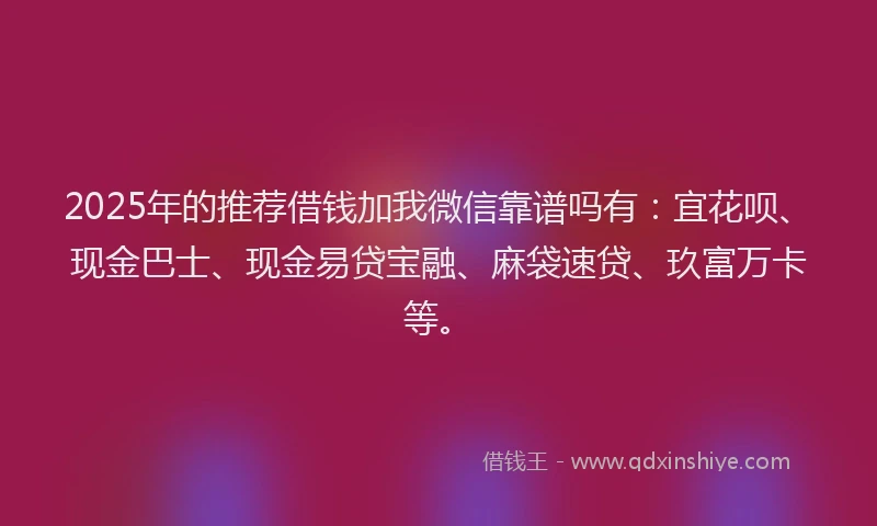 2025年的推荐借钱加我微信靠谱吗有：宜花呗、现金巴士、现金易贷宝融、麻袋速贷、玖富万卡等。