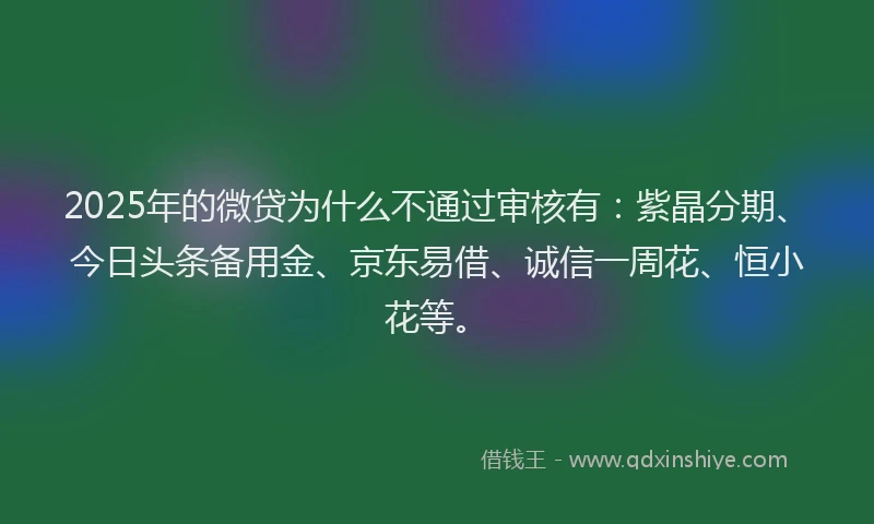 2025年的微贷为什么不通过审核有：紫晶分期、今日头条备用金、京东易借、诚信一周花、恒小花等。