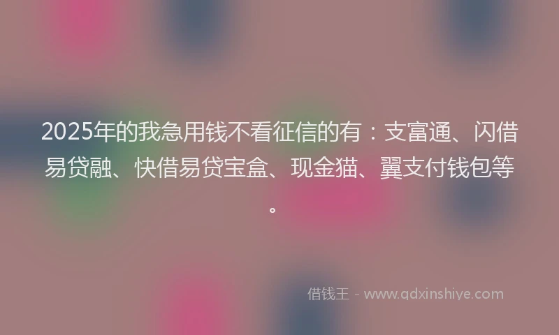 2025年的我急用钱不看征信的有：支富通、闪借易贷融、快借易贷宝盒、现金猫、翼支付钱包等。