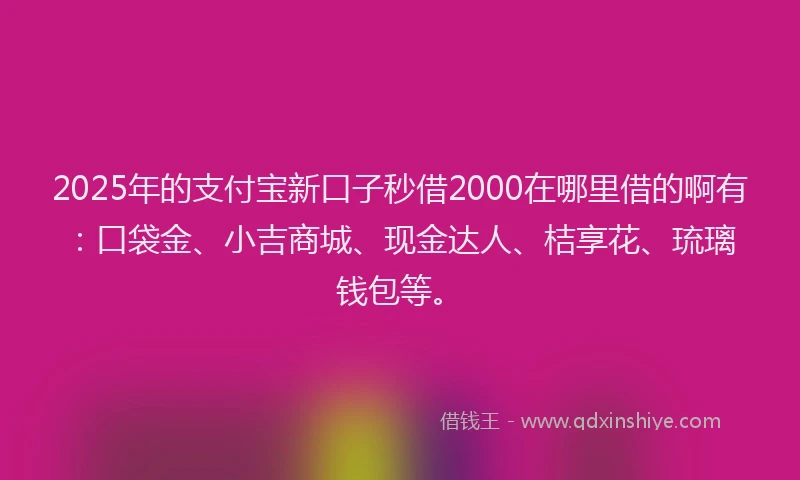 2025年的支付宝新口子秒借2000在哪里借的啊有：口袋金、小吉商城、现金达人、桔享花、琉璃钱包等。