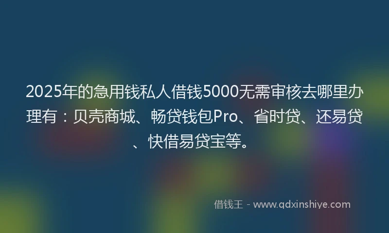 2025年的急用钱私人借钱5000无需审核去哪里办理有：贝壳商城、畅贷钱包Pro、省时贷、还易贷、快借易贷宝等。