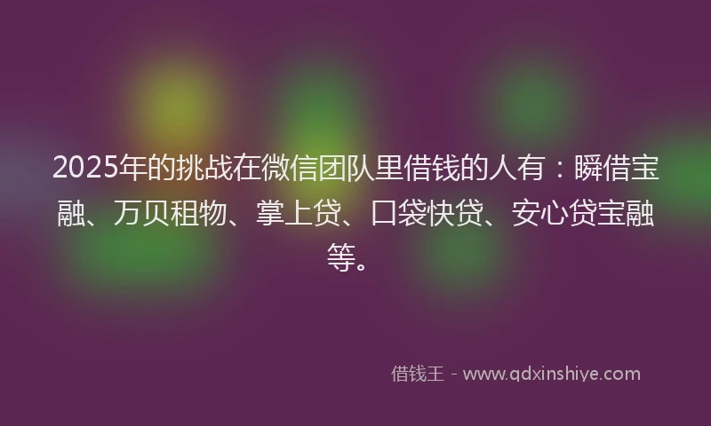 2025年的挑战在微信团队里借钱的人有：瞬借宝融、万贝租物、掌上贷、口袋快贷、安心贷宝融等。