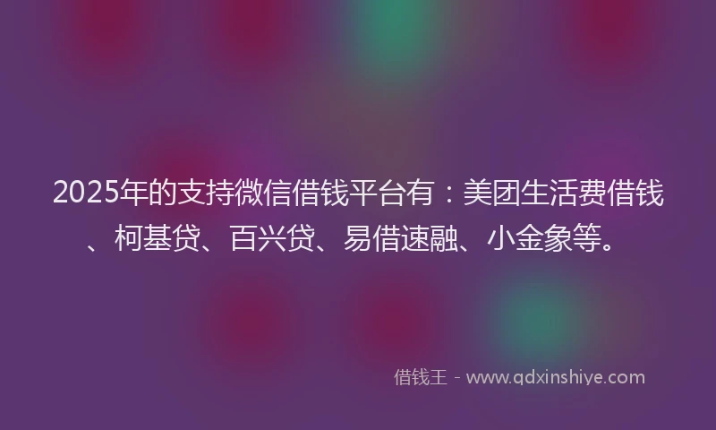 2025年的支持微信借钱平台有：美团生活费借钱、柯基贷、百兴贷、易借速融、小金象等。
