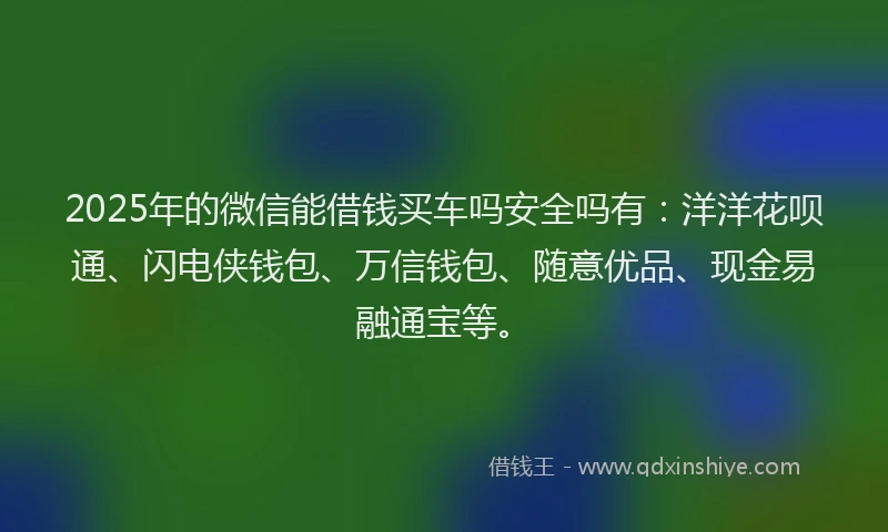 2025年的微信能借钱买车吗安全吗有：洋洋花呗通、闪电侠钱包、万信钱包、随意优品、现金易融通宝等。