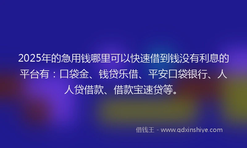 2025年的急用钱哪里可以快速借到钱没有利息的平台有：口袋金、钱贷乐借、平安口袋银行、人人贷借款、借款宝速贷等。