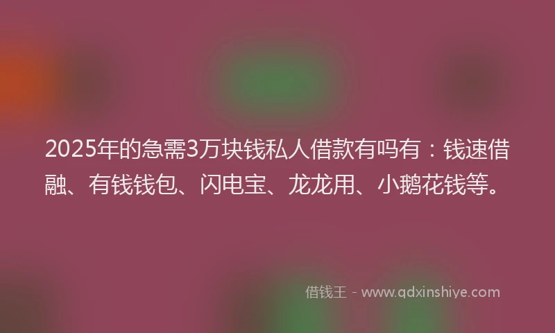 2025年的急需3万块钱私人借款有吗有：钱速借融、有钱钱包、闪电宝、龙龙用、小鹅花钱等。