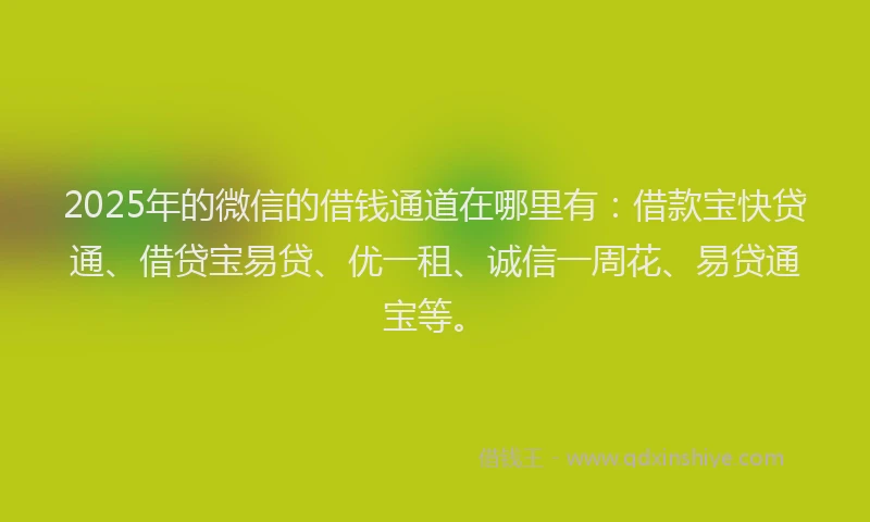 2025年的微信的借钱通道在哪里有：借款宝快贷通、借贷宝易贷、优一租、诚信一周花、易贷通宝等。