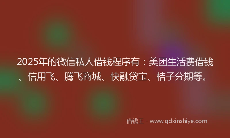 2025年的微信私人借钱程序有：美团生活费借钱、信用飞、腾飞商城、快融贷宝、桔子分期等。