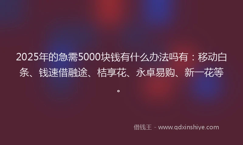 2025年的急需5000块钱有什么办法吗有：移动白条、钱速借融途、桔享花、永卓易购、新一花等。