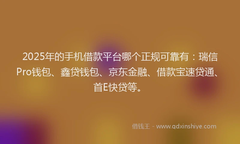 2025年的手机借款平台哪个正规可靠有:瑞信Pro钱包、鑫贷钱包、京东金融、借款宝速贷通、首E快贷等。