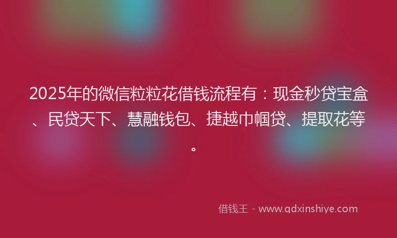 2025年的微信粒粒花借钱流程有：现金秒贷宝盒、民贷天下、慧融钱包、捷越巾帼贷、提取花等。