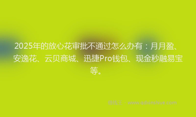 2025年的放心花审批不通过怎么办有：月月盈、安逸花、云贝商城、迅捷Pro钱包、现金秒融易宝等。