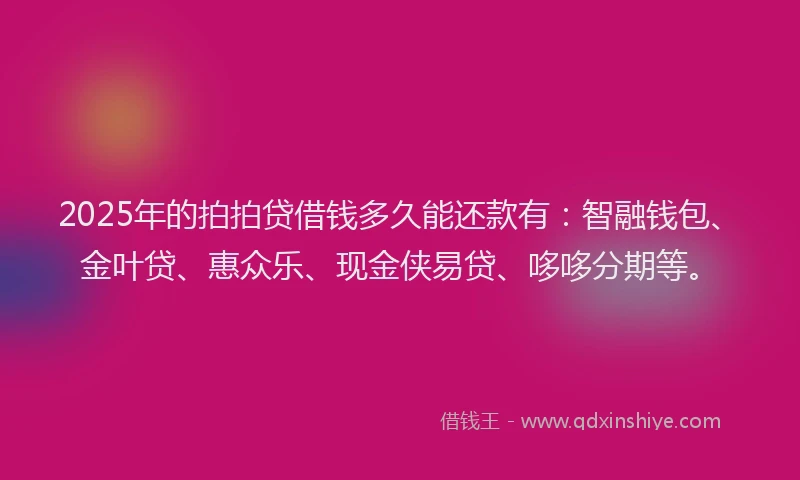 2025年的拍拍贷借钱多久能还款有：智融钱包、金叶贷、惠众乐、现金侠易贷、哆哆分期等。