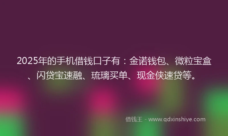 2025年的手机借钱口子有：金诺钱包、微粒宝盒、闪贷宝速融、琉璃买单、现金侠速贷等。