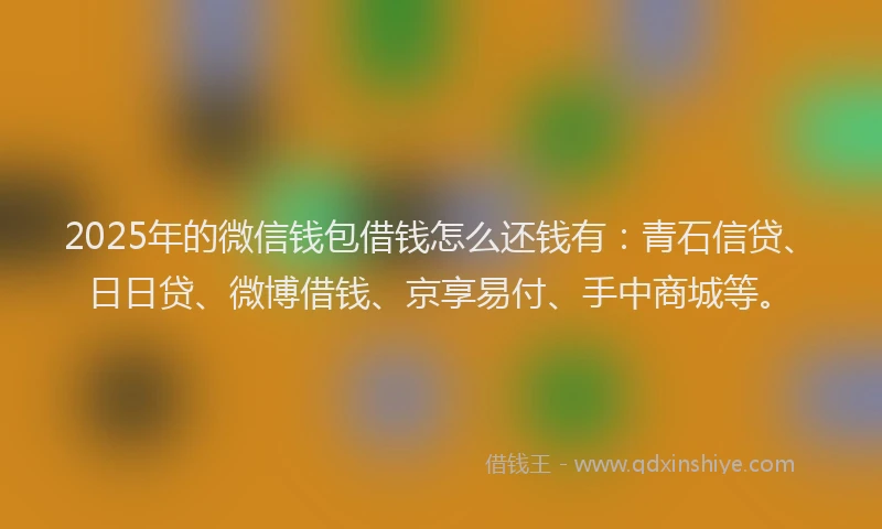 2025年的微信钱包借钱怎么还钱有：青石信贷、日日贷、微博借钱、京享易付、手中商城等。