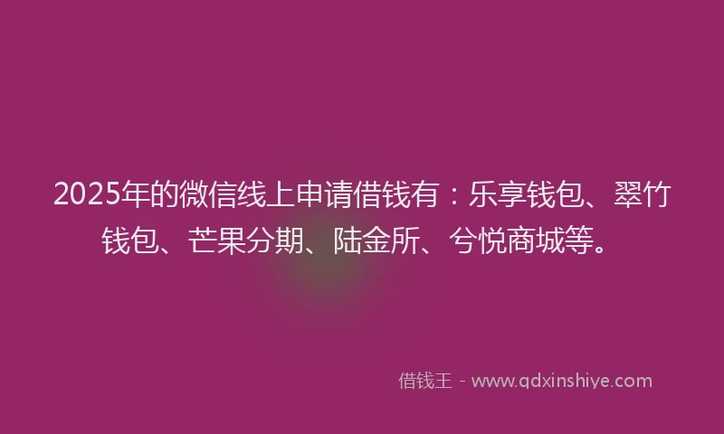 2025年的微信线上申请借钱有：乐享钱包、翠竹钱包、芒果分期、陆金所、兮悦商城等。