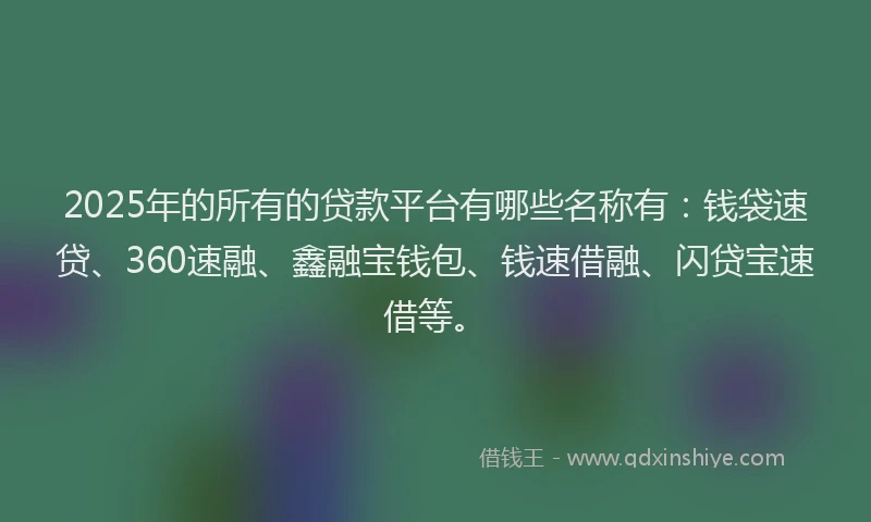 2025年的所有的贷款平台有哪些名称有：钱袋速贷、360速融、鑫融宝钱包、钱速借融、闪贷宝速借等。