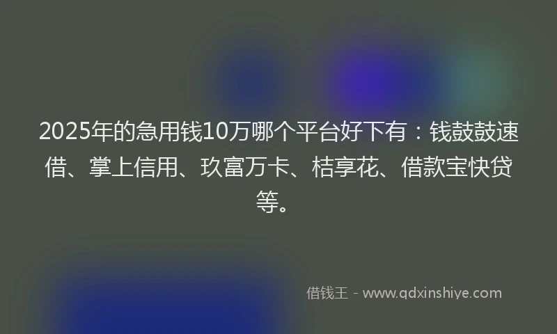 2025年的急用钱10万哪个平台好下有：钱鼓鼓速借、掌上信用、玖富万卡、桔享花、借款宝快贷等。