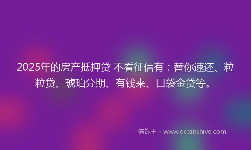 2025年的房产抵押贷 不看征信有：替你速还、粒粒贷、琥珀分期、有钱来、口袋金贷等。