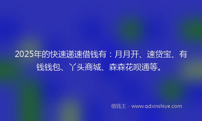 2025年的快速递速借钱有：月月开、速贷宝、有钱钱包、丫头商城、森森花呗通等。