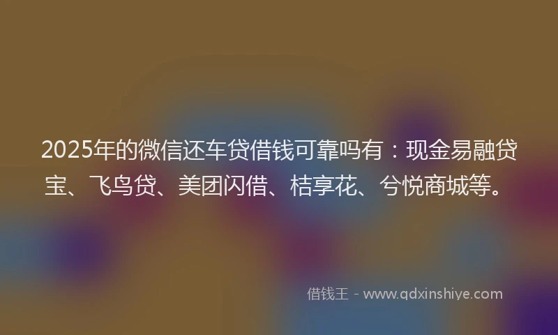 2025年的微信还车贷借钱可靠吗有：现金易融贷宝、飞鸟贷、美团闪借、桔享花、兮悦商城等。