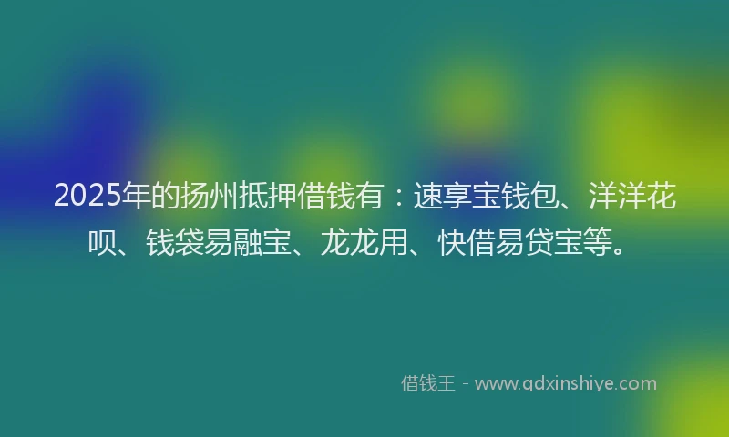 2025年的扬州抵押借钱有：速享宝钱包、洋洋花呗、钱袋易融宝、龙龙用、快借易贷宝等。