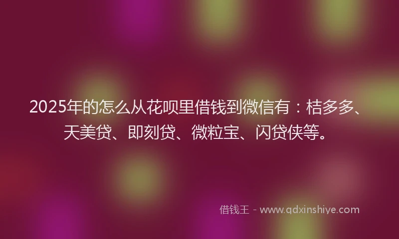 2025年的怎么从花呗里借钱到微信有：桔多多、天美贷、即刻贷、微粒宝、闪贷侠等。