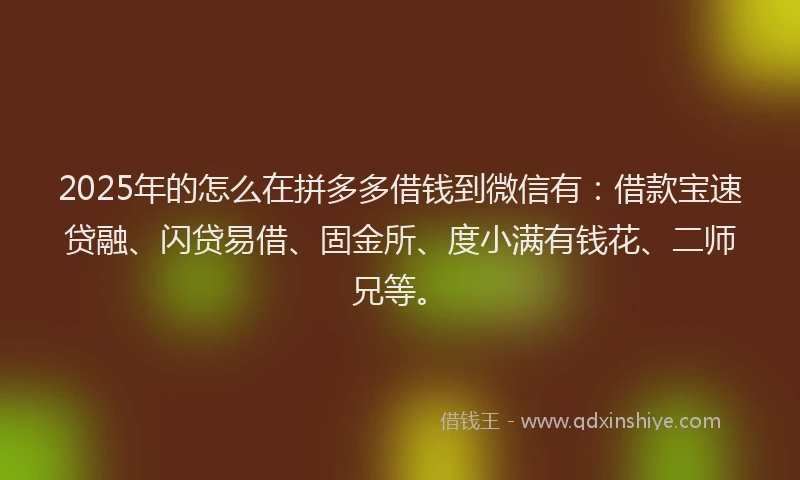 2025年的怎么在拼多多借钱到微信有：借款宝速贷融、闪贷易借、固金所、度小满有钱花、二师兄等。