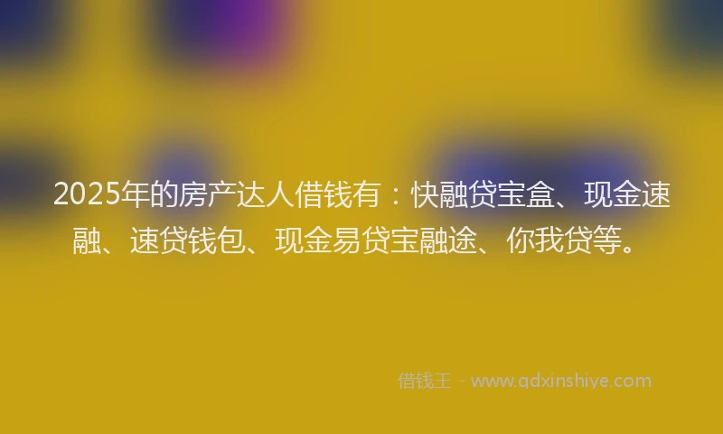 2025年的房产达人借钱有：快融贷宝盒、现金速融、速贷钱包、现金易贷宝融途、你我贷等。