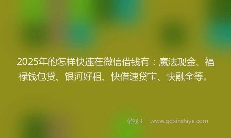 2025年的怎样快速在微信借钱有：魔法现金、福禄钱包贷、银河好租、快借速贷宝、快融金等。