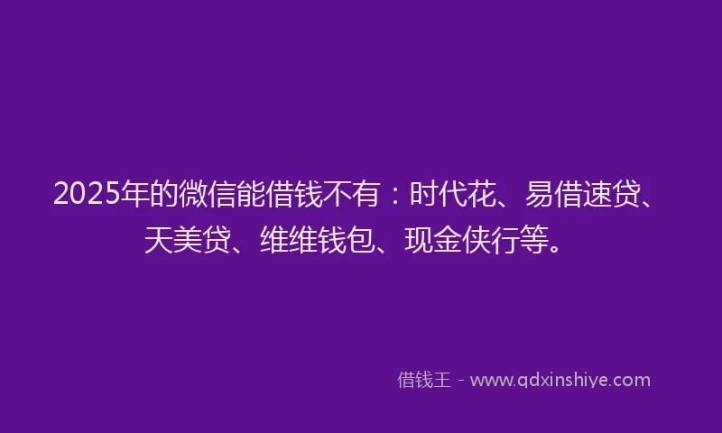 2025年的微信能借钱不有：时代花、易借速贷、天美贷、维维钱包、现金侠行等。