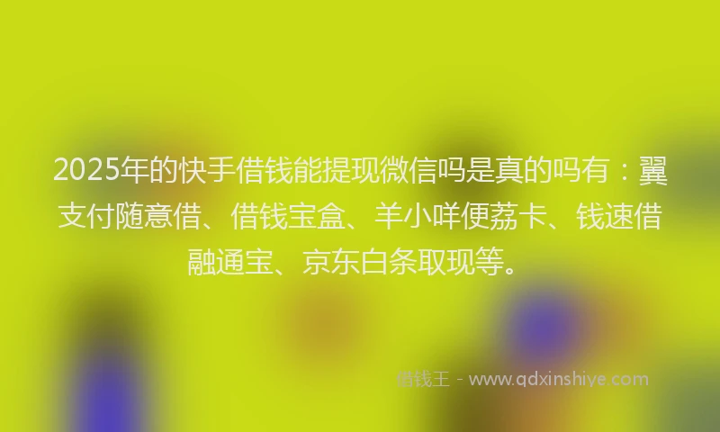 2025年的快手借钱能提现微信吗是真的吗有：翼支付随意借、借钱宝盒、羊小咩便荔卡、钱速借融通宝、京东白条取现等。