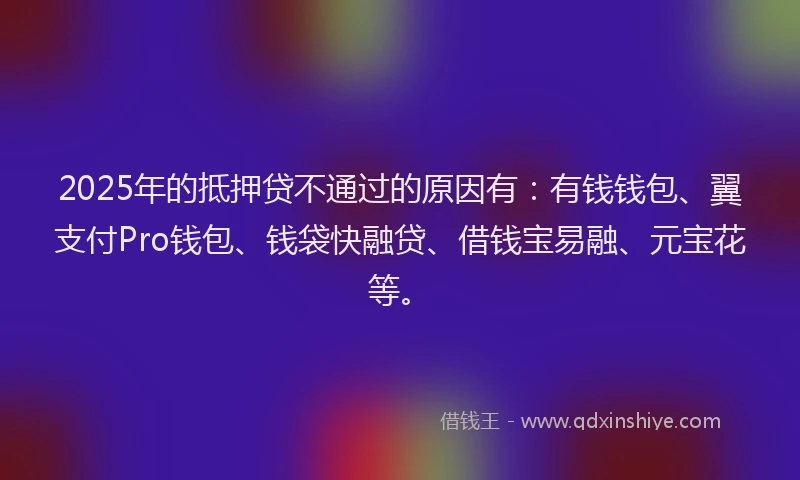 2025年的抵押贷不通过的原因有：有钱钱包、翼支付Pro钱包、钱袋快融贷、借钱宝易融、元宝花等。