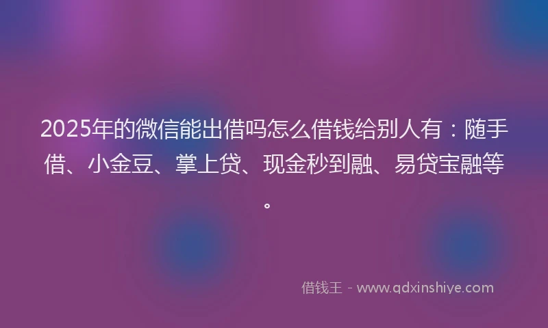 2025年的微信能出借吗怎么借钱给别人有：随手借、小金豆、掌上贷、现金秒到融、易贷宝融等。