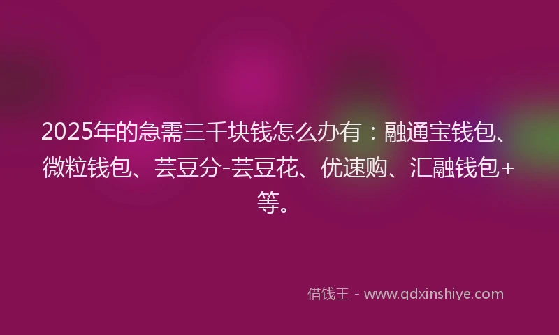 2025年的急需三千块钱怎么办有：融通宝钱包、微粒钱包、芸豆分-芸豆花、优速购、汇融钱包+等。