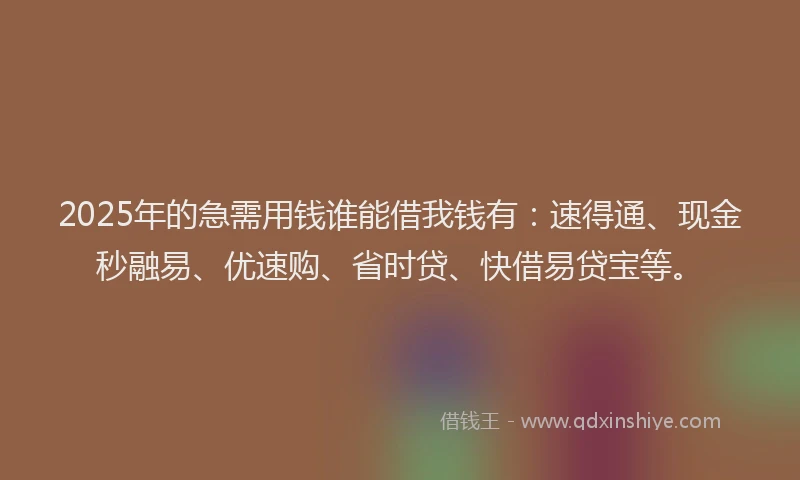 2025年的急需用钱谁能借我钱有：速得通、现金秒融易、优速购、省时贷、快借易贷宝等。