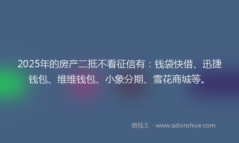 2025年的房产二抵不看征信有：钱袋快借、迅捷钱包、维维钱包、小象分期、雪花商城等。