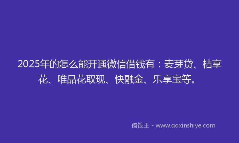 2025年的怎么能开通微信借钱有：麦芽贷、桔享花、唯品花取现、快融金、乐享宝等。