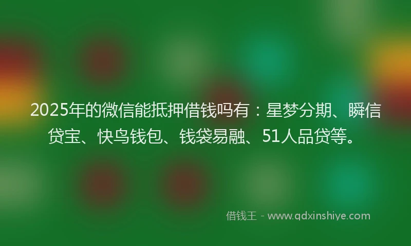 2025年的微信能抵押借钱吗有：星梦分期、瞬信贷宝、快鸟钱包、钱袋易融、51人品贷等。